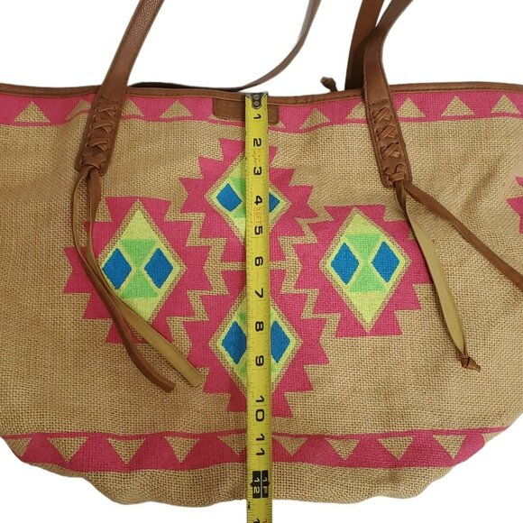Billabong Boho Tote Beach Bag Southwest Purse Aztec Burlap Lined Hobo Tan Pink - Picture 11 of 16